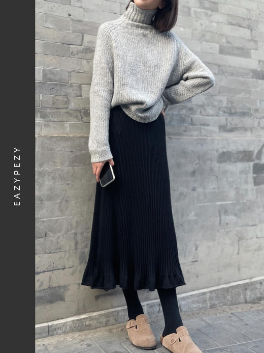 EAZYPEZY 黑天鹅精纺羊绒罗纹半身裙 商品图0