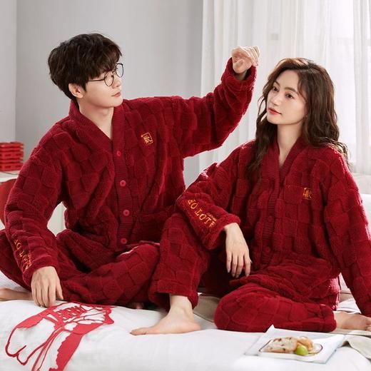 大红情侣睡衣加厚珊瑚绒女秋冬季本命年结婚喜庆男士法兰绒家居服 商品图1