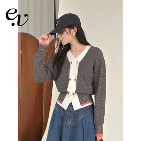 Even Vintage|美利奴羊毛 精致杂花撞色微短百搭秋冬针织开衫外套