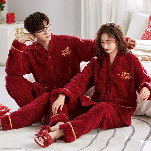 大红情侣睡衣加厚珊瑚绒女秋冬季本命年结婚喜庆男士法兰绒家居服 商品图3