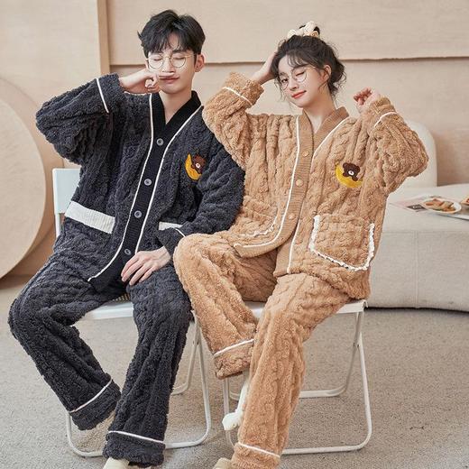 情侣睡衣女珊瑚绒加厚加绒V领开衫冬季法兰绒家居服男秋冬款套装 商品图2
