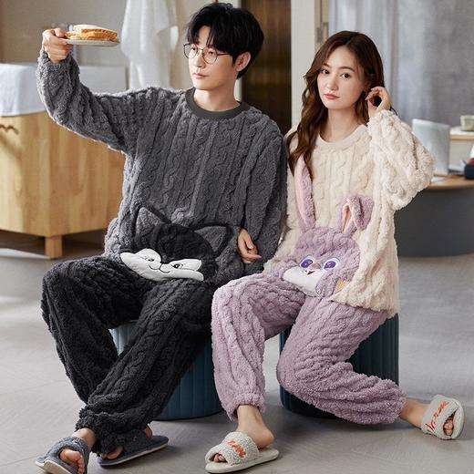 秋冬季法兰绒情侣睡衣女长袖加厚加绒保暖男士家居服套装珊瑚绒 商品图0