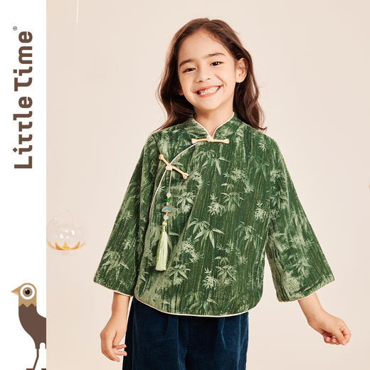 littletime女童国风丝绒T恤打底衫2023春秋新款竹子洋气儿童上衣 商品图1