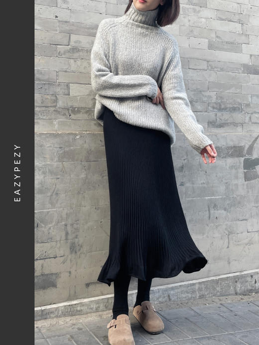 EAZYPEZY 黑天鹅精纺羊绒罗纹半身裙 商品图1