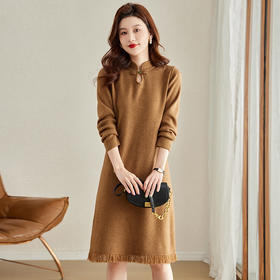 秋冬季新款，配大衣内搭打底裙新中式针织连衣裙女盘扣毛衣长裙CC-J319