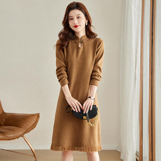 秋冬季新款，配大衣内搭打底裙新中式针织连衣裙女盘扣毛衣长裙CC-J319 商品图0