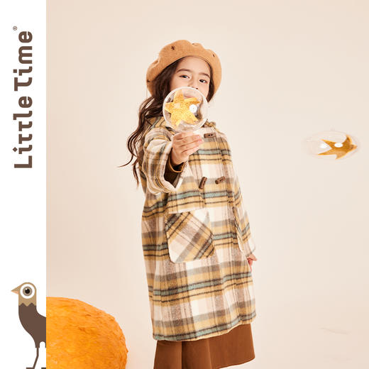 littletime童装中长款外套保暖格纹连帽女童呢子大衣2023秋冬新款 商品图0