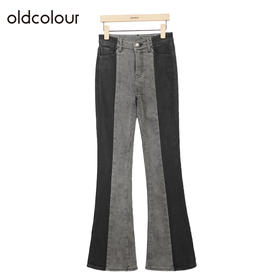 oldcolour复古高腰牛仔裤冬季新款设计感拼接长款微喇裤O41113148