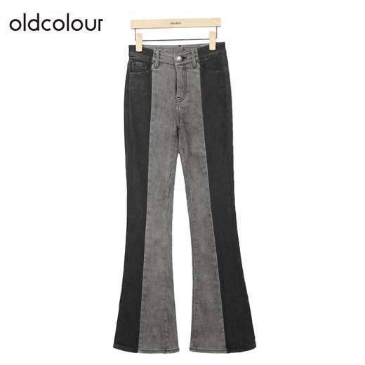 oldcolour复古高腰牛仔裤冬季新款设计感拼接长款微喇裤O41113148 商品图0
