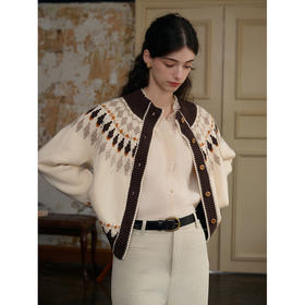 SimpleRetro撞色费尔岛提花羊毛针织开衫女冬法式短款慵懒风毛衣