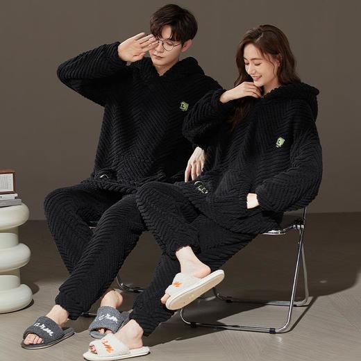 冬季法兰绒情侣睡衣加厚保暖连帽珊瑚绒男士女士休闲可外穿家居服 商品图2