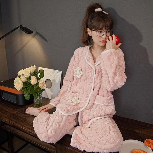 秋冬季女士法兰绒V领开衫和服睡衣女长袖珊瑚绒家居服睡衣加绒 商品图1
