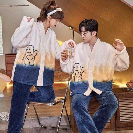 法兰绒情侣睡衣女冬季V领开衫和服秋冬款男士家居服加绒加厚保暖 商品图3