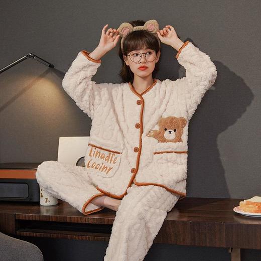 秋冬季女士法兰绒V领开衫和服睡衣女长袖珊瑚绒家居服睡衣加绒 商品图2