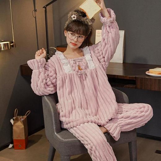 秋冬季法兰绒睡衣女长袖加厚加绒宫廷风法式女士珊瑚绒家居服套装 商品图3