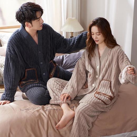 法兰绒情侣睡衣女冬季V领开衫和服秋冬款男士家居服加绒加厚保暖 商品图1
