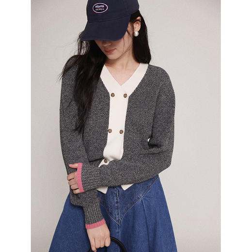 Even Vintage|美利奴羊毛 精致杂花撞色微短百搭秋冬针织开衫外套 商品图2