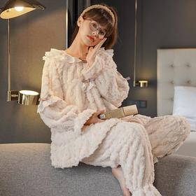 秋冬季法兰绒睡衣女长袖加厚加绒宫廷风法式女士珊瑚绒家居服套装