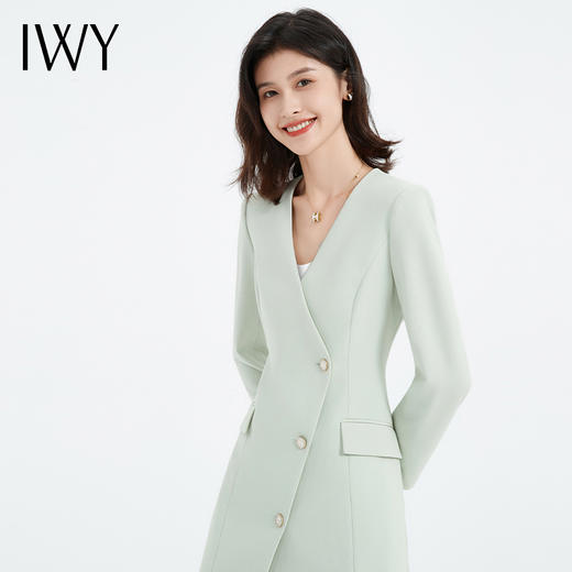 IWY/绿色西装连衣裙女秋气质干练职场职业裙装设计感V领Q13303 商品图4