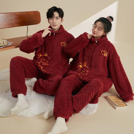 秋冬情侣睡衣女法兰绒拉链开衫加绒加厚男士珊瑚绒新婚红色家居服 商品图3