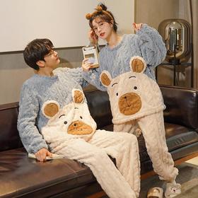 情侣睡衣女秋冬季法兰绒可爱卡通圆领套头卡通猪男士家居服珊瑚绒