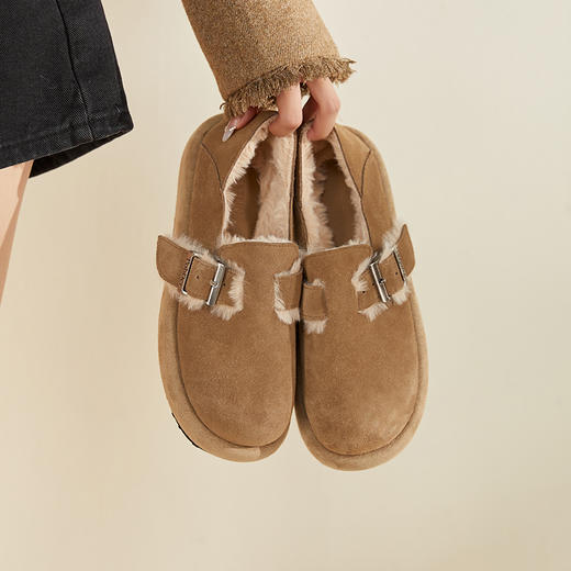 西遇勃肯鞋女新款秋冬真皮全包两穿加绒毛毛鞋厚底一脚蹬单鞋D0034226 商品图4