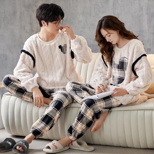 秋冬季法兰绒情侣睡衣女长袖加厚加绒保暖男士家居服套装珊瑚绒 商品图3
