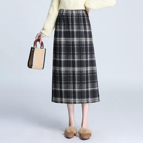 格纹中长款加绒毛呢包臀裙，冬款松紧腰通勤修身时尚半身裙MYX-23506