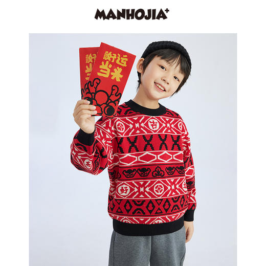 漫画家潮童装国潮复古拜年红毛衣儿童保暖针织柔软羊毛混纺冬 商品图0