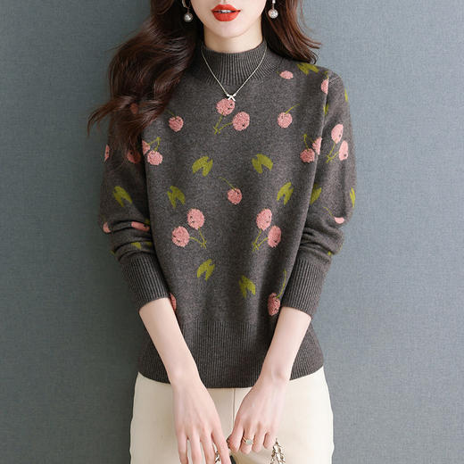 樱桃提花毛衣女款新款，秋冬半高领打底衫厚款时尚洋气短款上衣CC-ZL-02 商品图1