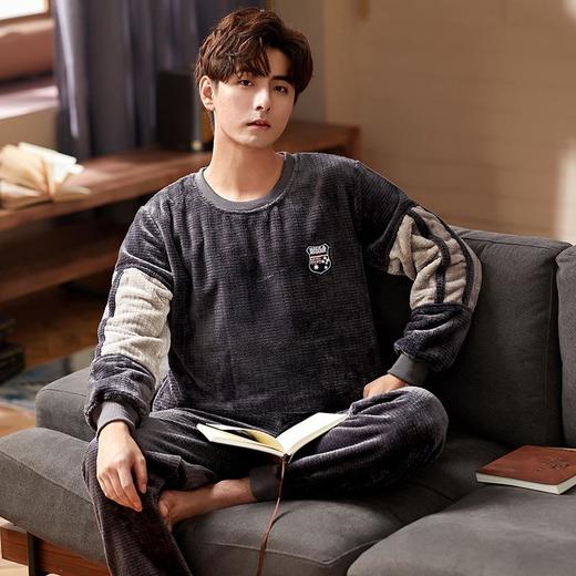 法兰绒男士睡衣冬季套装宽松大码加绒加厚保暖珊瑚绒可外穿家居服 商品图0