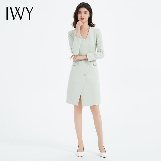 IWY/绿色西装连衣裙女秋气质干练职场职业裙装设计感V领Q13303 商品图1