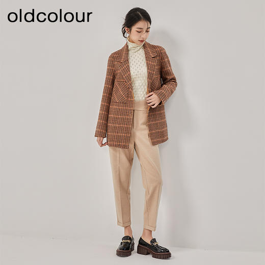 oldcolour冬季新款直筒中长款格子西装毛呢外套女O42155227 商品图3