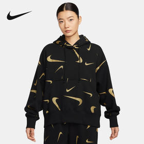 Nike/耐克女子冬季新款满印logo宽松加绒连帽卫衣套头衫FB8744-010