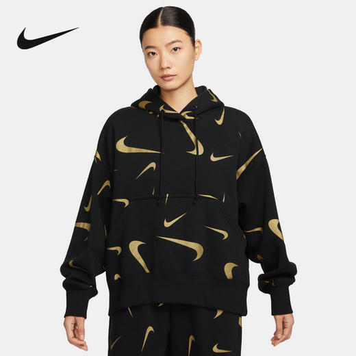 Nike/耐克女子冬季新款满印logo宽松加绒连帽卫衣套头衫FB8744-010 商品图0