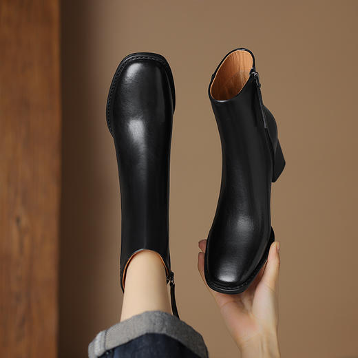 秋冬季新款，纯色真皮粗跟短筒时装靴DTN-A08-38 商品图7