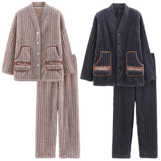 法兰绒情侣睡衣女冬季V领开衫和服秋冬款男士家居服加绒加厚保暖 商品图4