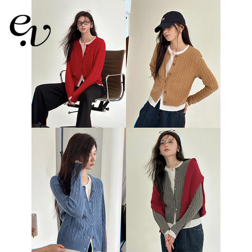 Even Vintage|美利奴羊毛 基础款复古英伦绞花假两件秋冬针织开衫 商品图0