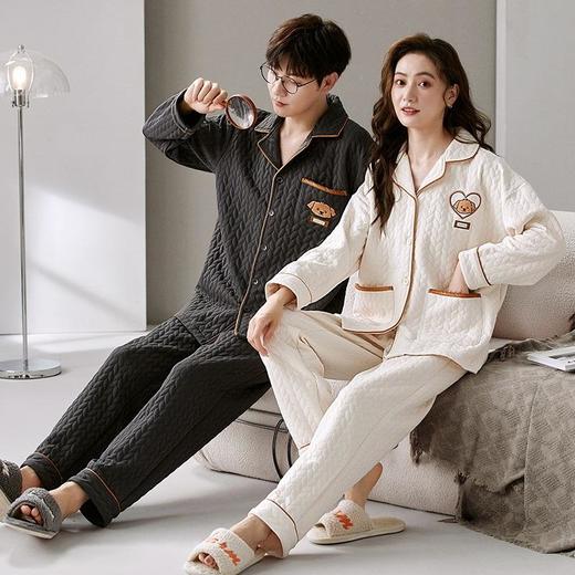 新款夹层情侣睡衣女长袖卡通套装秋冬季翻领开衫男士可外穿家居服 商品图3