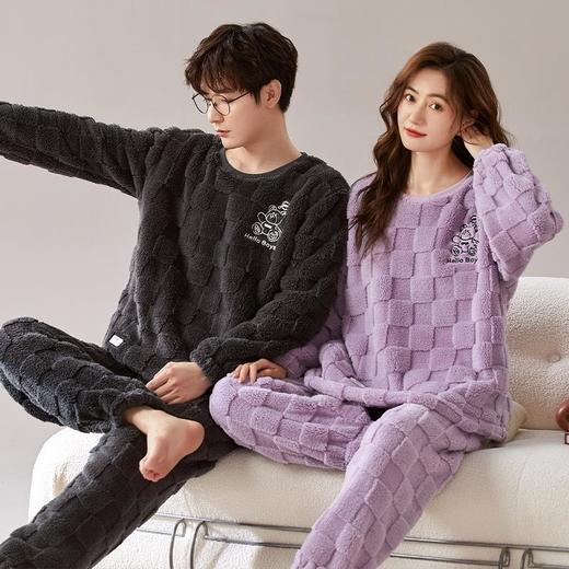 情侣睡衣女秋冬季法兰绒可爱卡通圆领套头卡通猪男士家居服珊瑚绒 商品图3