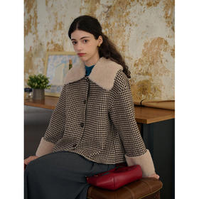 SimpleRetro皮草翻领千鸟格短款毛呢外套女2023新款冬小香风大衣