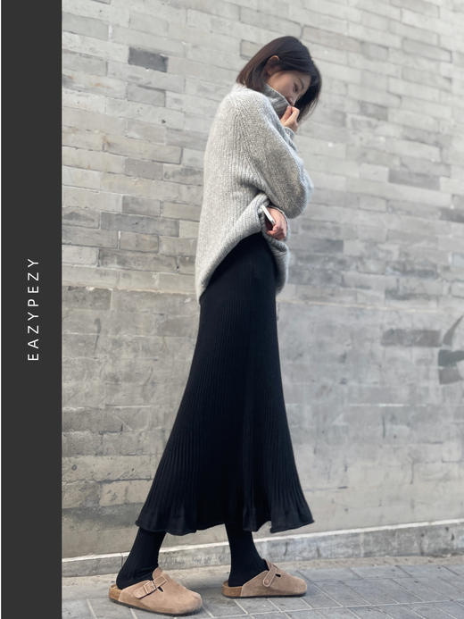 EAZYPEZY 黑天鹅精纺羊绒罗纹半身裙 商品图3