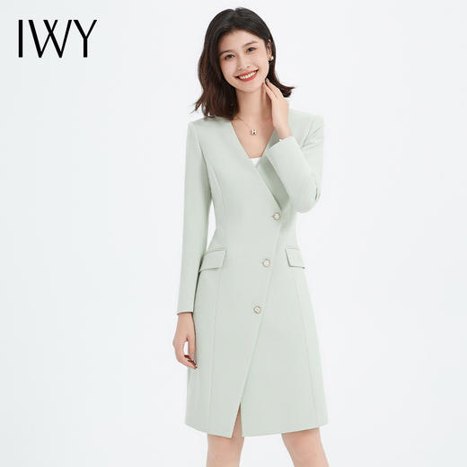 IWY/绿色西装连衣裙女秋气质干练职场职业裙装设计感V领Q13303 商品图2