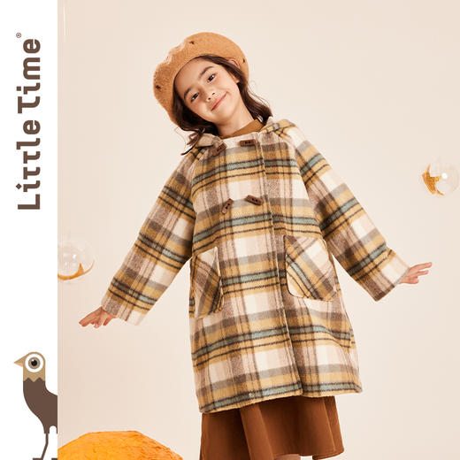 littletime童装中长款外套保暖格纹连帽女童呢子大衣2023秋冬新款 商品图1