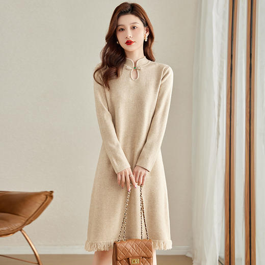 秋冬季新款，配大衣内搭打底裙新中式针织连衣裙女盘扣毛衣长裙CC-J319 商品图1