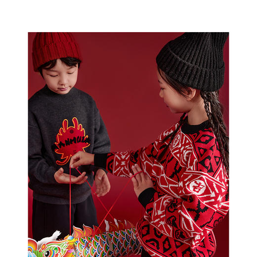 漫画家潮童装国潮复古拜年红毛衣儿童保暖针织柔软羊毛混纺冬 商品图4