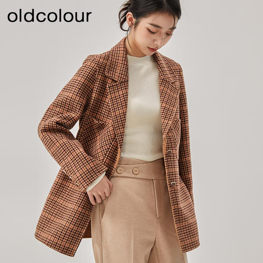 oldcolour冬季新款直筒中长款格子西装毛呢外套女O42155227 商品图2