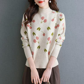 樱桃提花毛衣女款新款，秋冬半高领打底衫厚款时尚洋气短款上衣CC-ZL-02