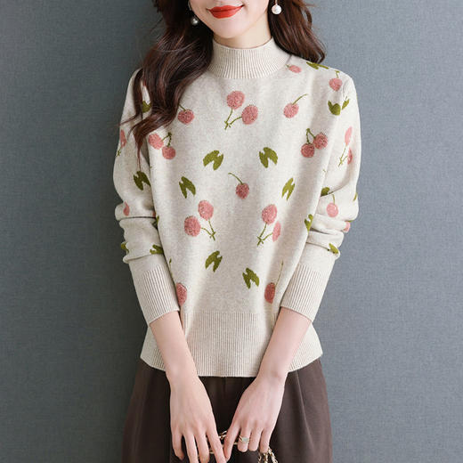 樱桃提花毛衣女款新款，秋冬半高领打底衫厚款时尚洋气短款上衣CC-ZL-02 商品图0
