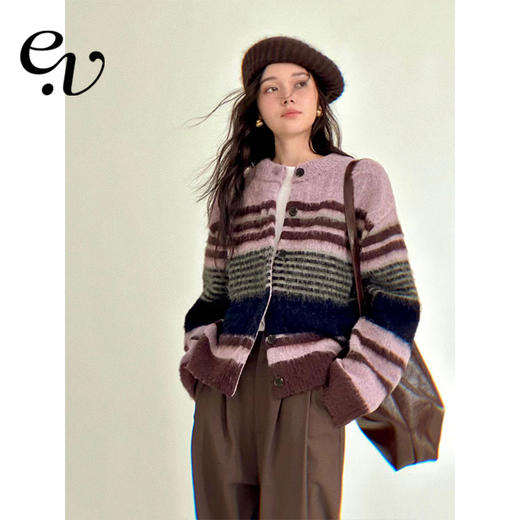 Even Vintage| 高ji感配色 条纹针织仿马海毛抓毛毛衣开衫外套冬 商品图0